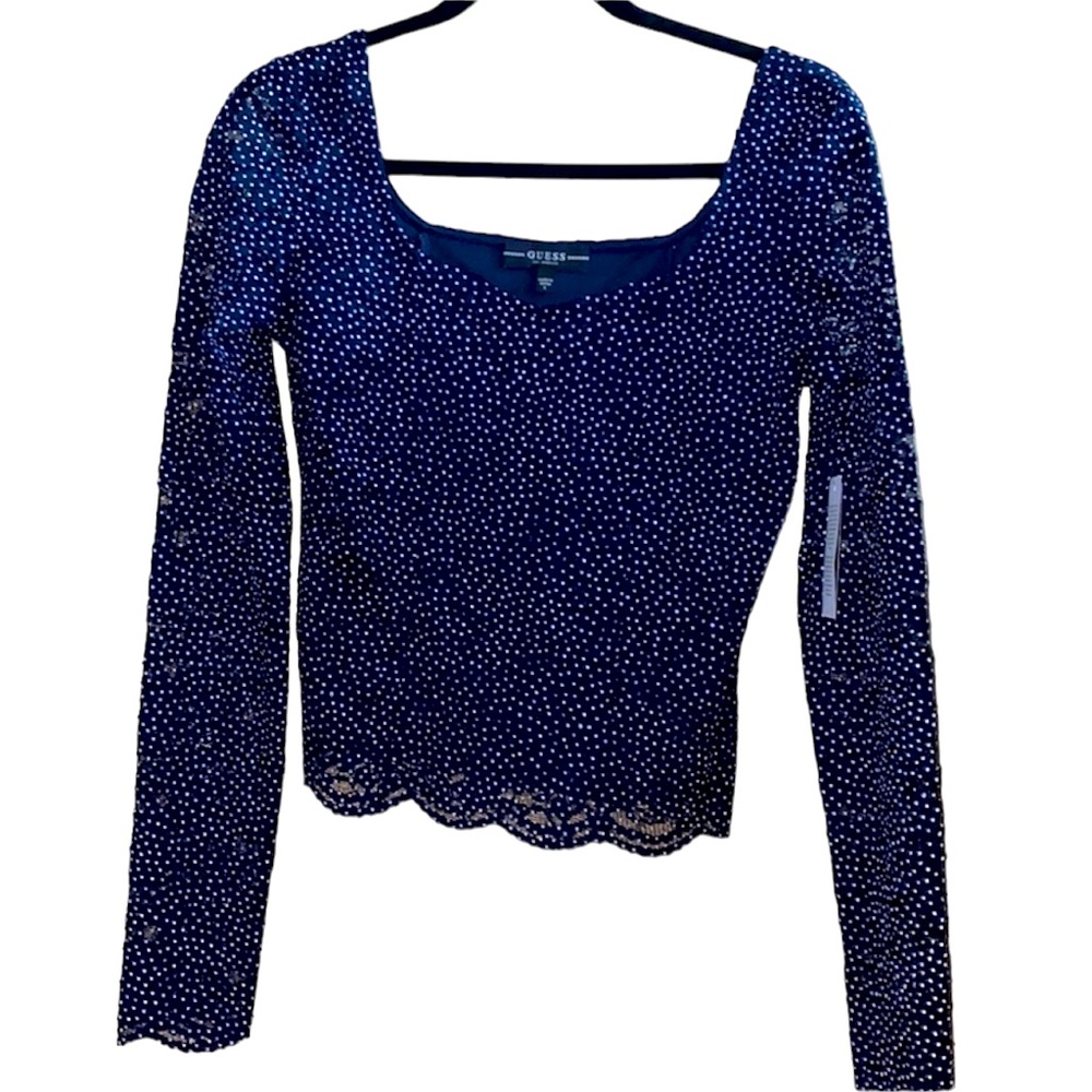 Nwt guess long sleeve blouse. Blue with whit polka dots